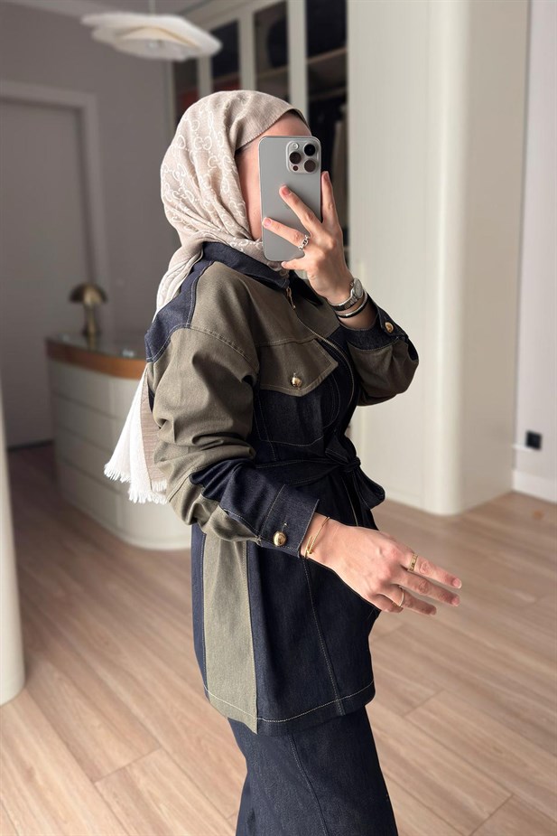 Kuşaklı Kontrast Denim Takım - Haki