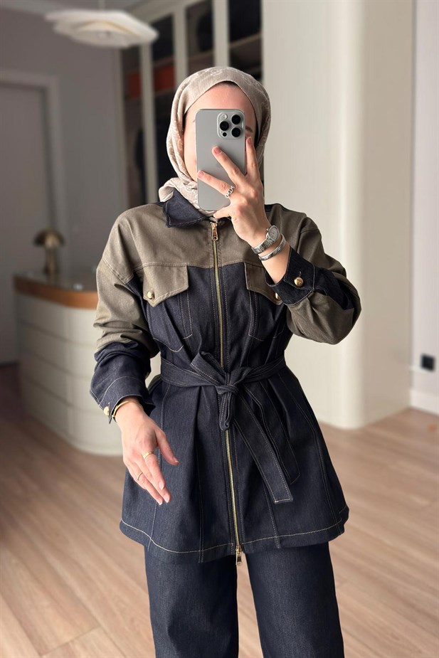 Kuşaklı Kontrast Denim Takım - Haki