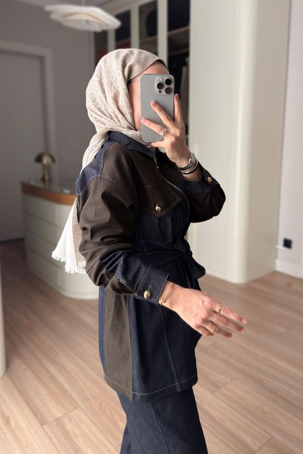 Kuşaklı Kontrast Denim Takım - Kahverengi
