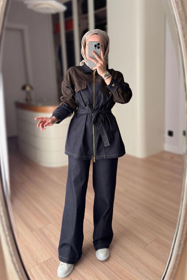 Kuşaklı Kontrast Denim Takım - Kahverengi