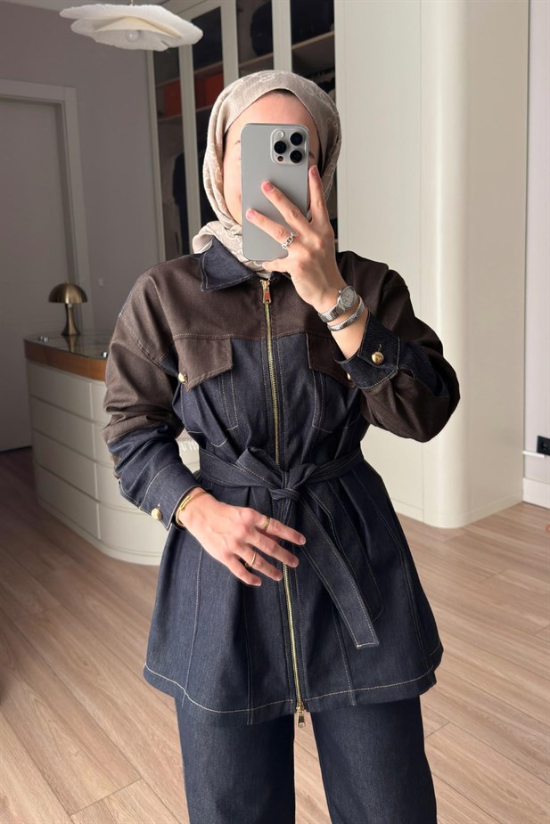 Kuşaklı Kontrast Denim Takım - Kahverengi