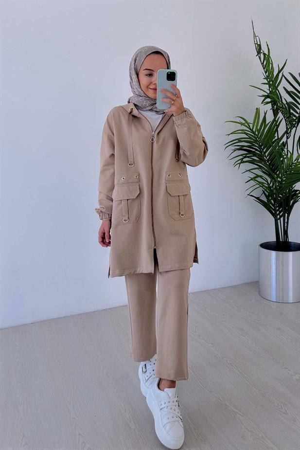 Kuşgözü Detaylı Kapüşonlu İki İplik Takım - Camel