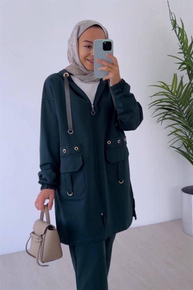 Kuşgözü Detaylı Kapüşonlu İki İplik Takım - Zümrüt