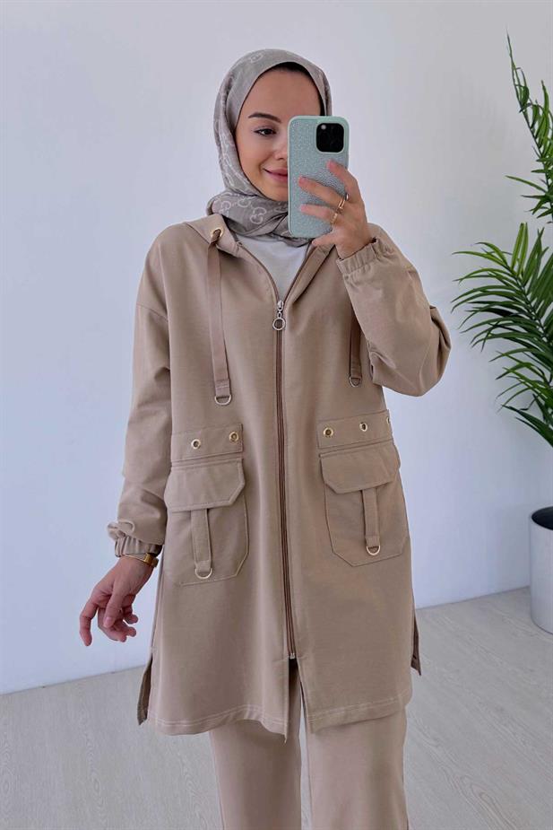 Kuşgözü Detaylı Kapüşonlu İki İplik Takım - Camel