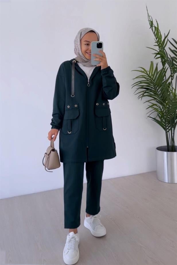 Kuşgözü Detaylı Kapüşonlu İki İplik Takım - Zümrüt