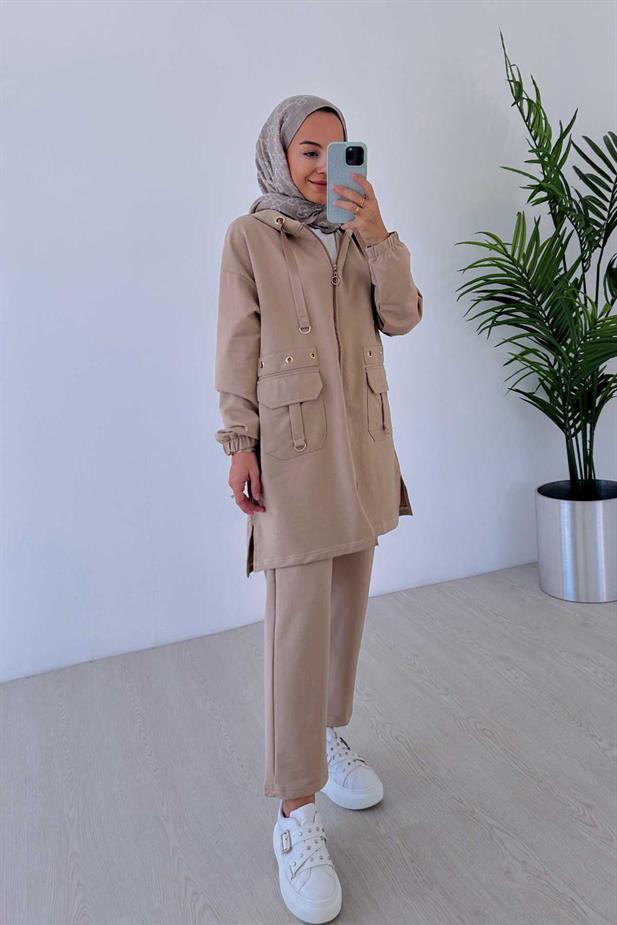 Kuşgözü Detaylı Kapüşonlu İki İplik Takım - Camel