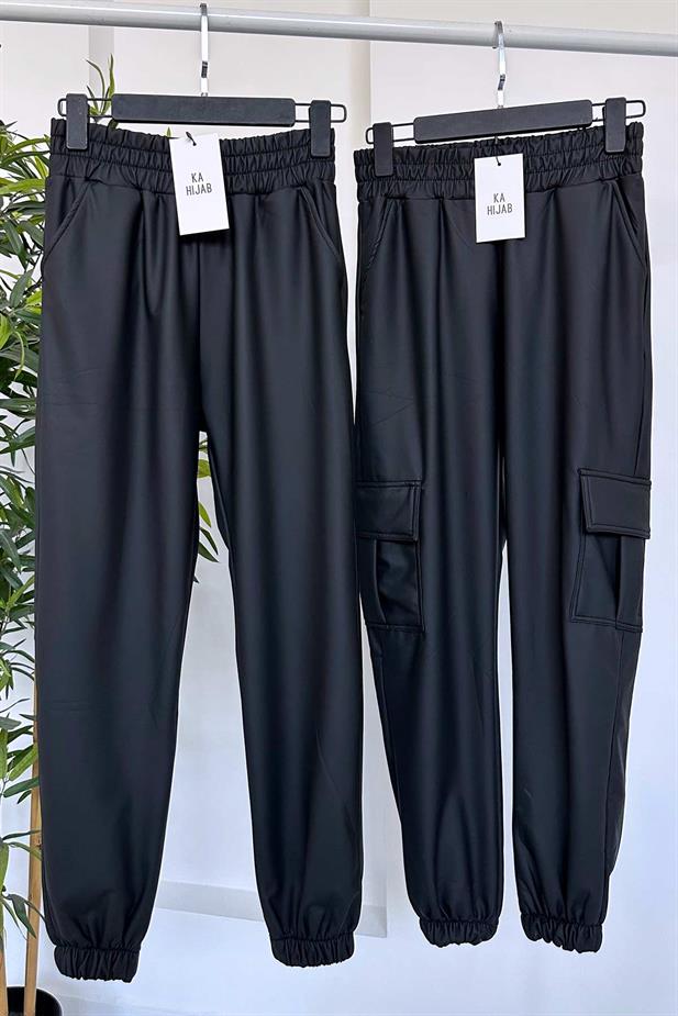Lastik Detay Deri Jogger Pantolon - Siyah