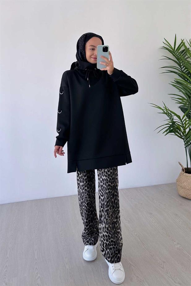 Leopar Desen Pantolon - Siyah