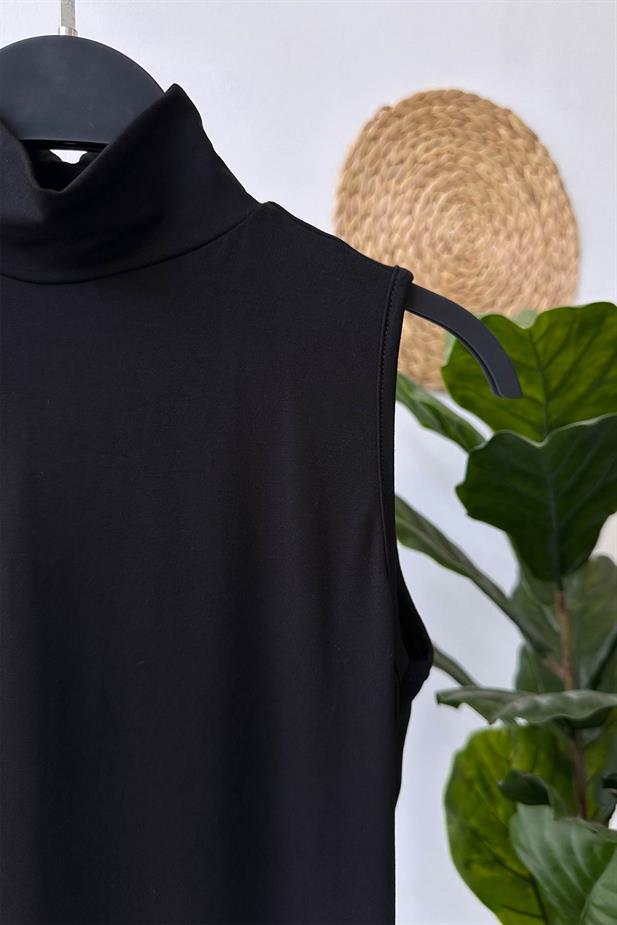 Likralı Balıkçı Yaka Tunik İçlik - Siyah