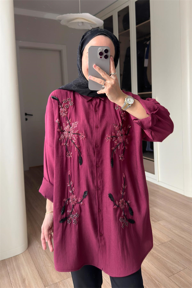 Liva Boncuk İşlemeli Gömlek - Bordo