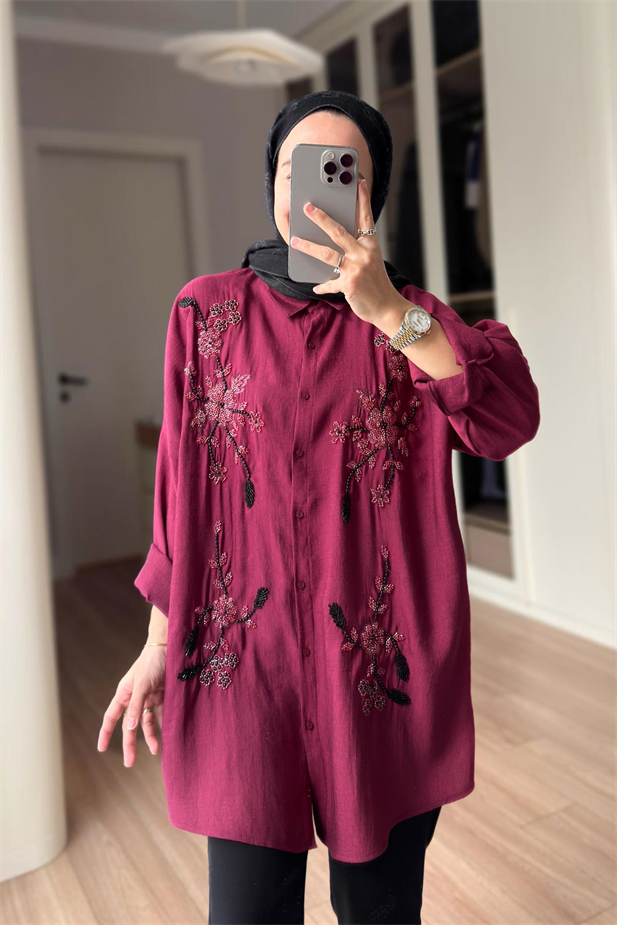 Liva Boncuk İşlemeli Gömlek - Bordo