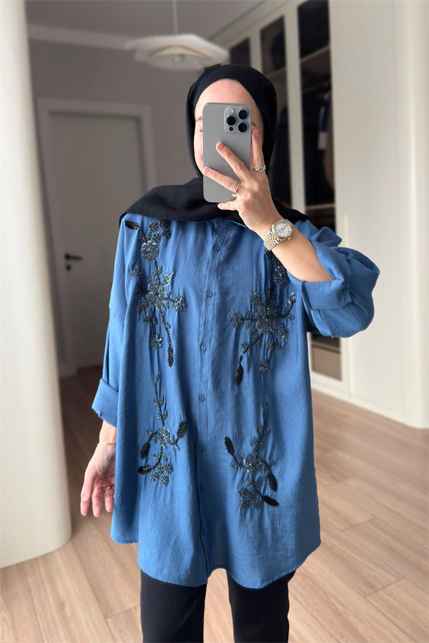 Liva Boncuk İşlemeli Gömlek - İndigo