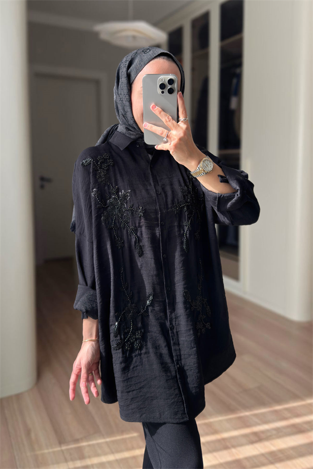 Liva Boncuk İşlemeli Gömlek - Siyah