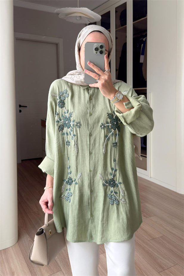 Liva Boncuk İşlemeli Gömlek - Yeşil