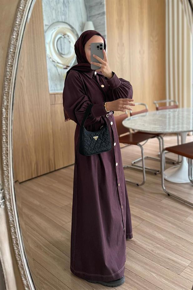 Manşet Detay Düğmeli Uzun Kot Elbise - Bordo