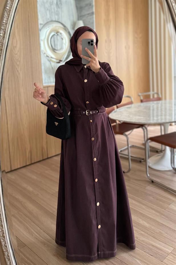 Manşet Detay Düğmeli Uzun Kot Elbise - Bordo