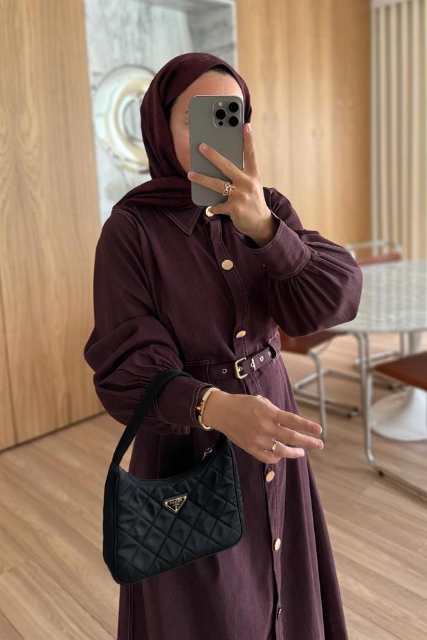 Manşet Detay Düğmeli Uzun Kot Elbise - Bordo