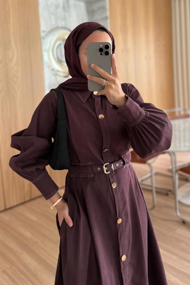 Manşet Detay Düğmeli Uzun Kot Elbise - Bordo