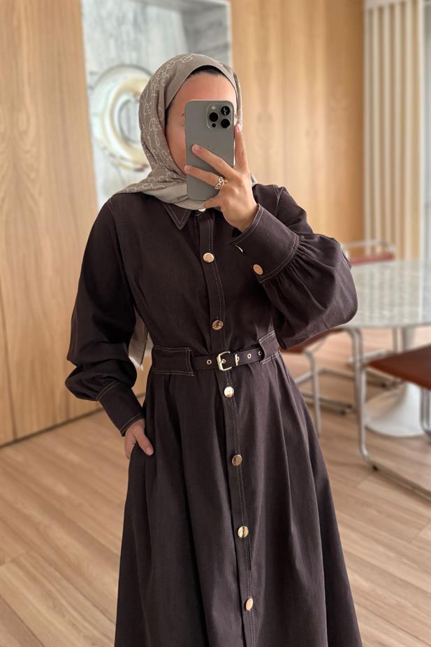 Manşet Detay Düğmeli Uzun Kot Elbise - Kahverengi