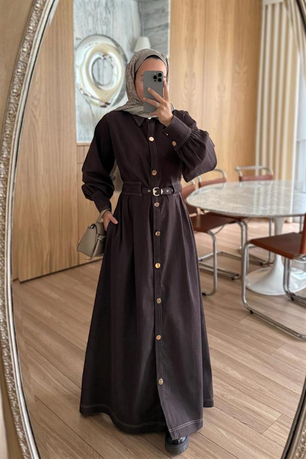 Manşet Detay Düğmeli Uzun Kot Elbise - Kahverengi