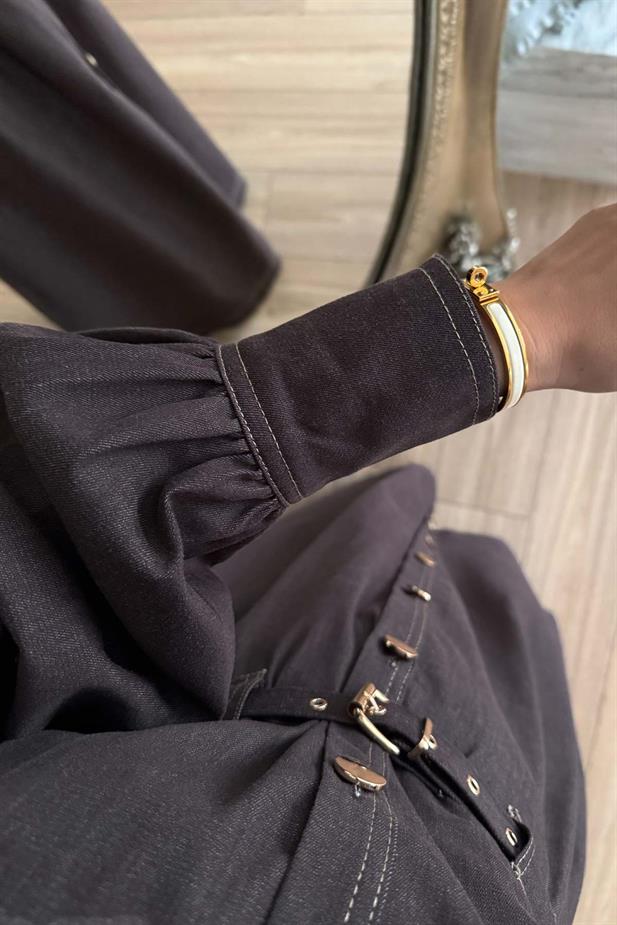 Manşet Detay Düğmeli Uzun Kot Elbise - Kahverengi