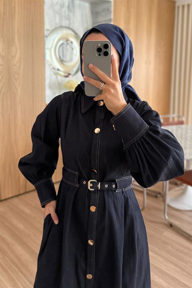 Manşet Detay Düğmeli Uzun Kot Elbise - Lacivert