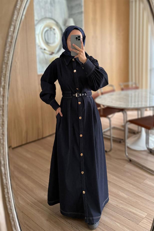 Manşet Detay Düğmeli Uzun Kot Elbise - Lacivert