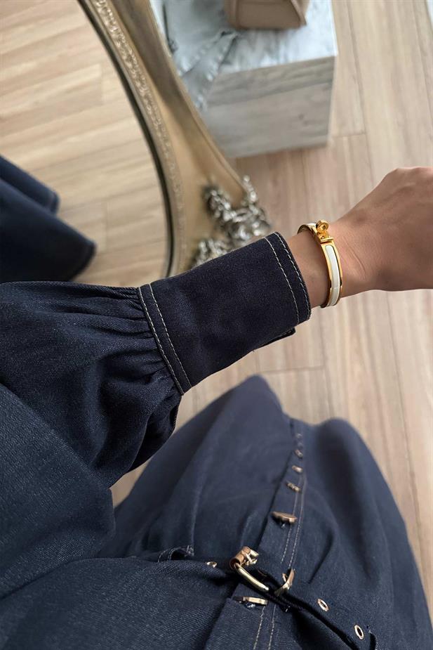 Manşet Detay Düğmeli Uzun Kot Elbise - Lacivert