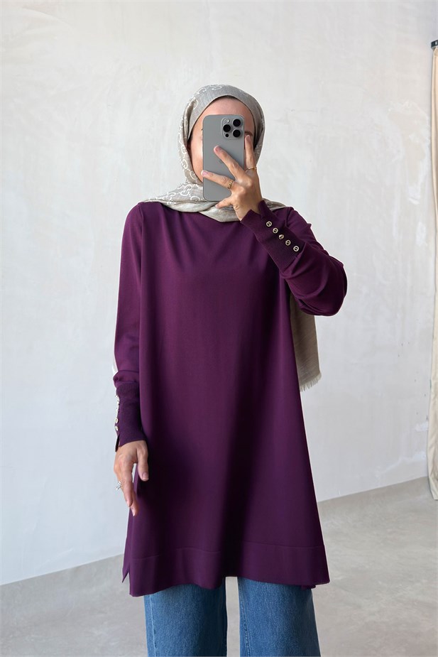 Manşet Detaylı Merserize Tunik - Mürdüm