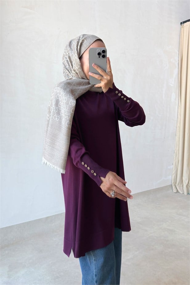 Manşet Detaylı Merserize Tunik - Mürdüm