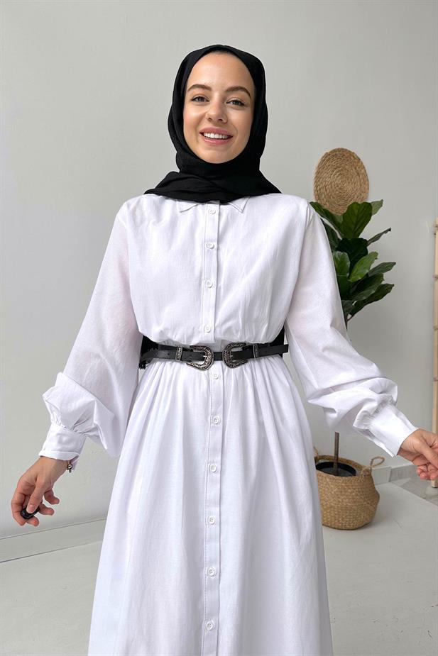 Manşetli Gömlek Elbise - Beyaz