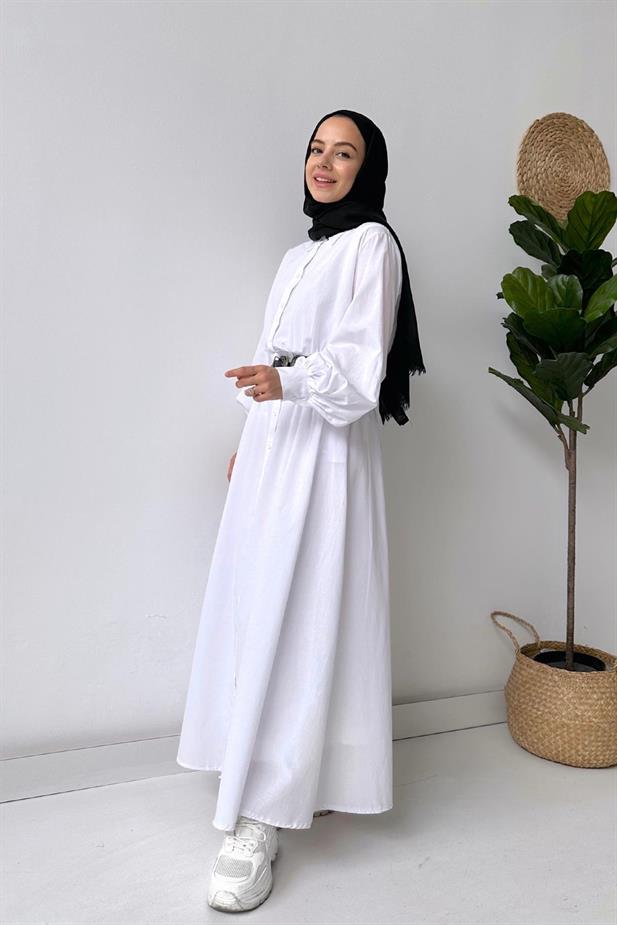 Manşetli Gömlek Elbise - Beyaz