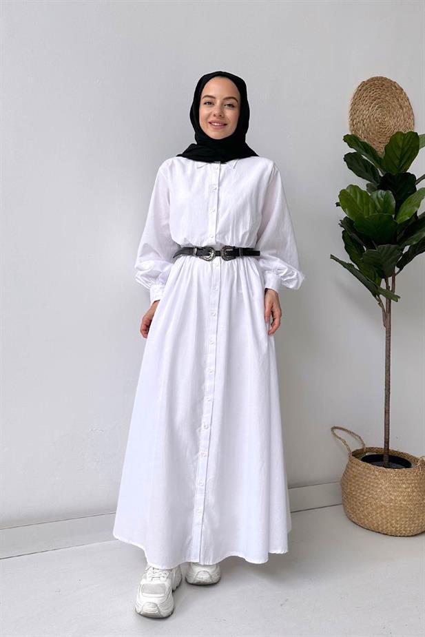 Manşetli Gömlek Elbise - Beyaz
