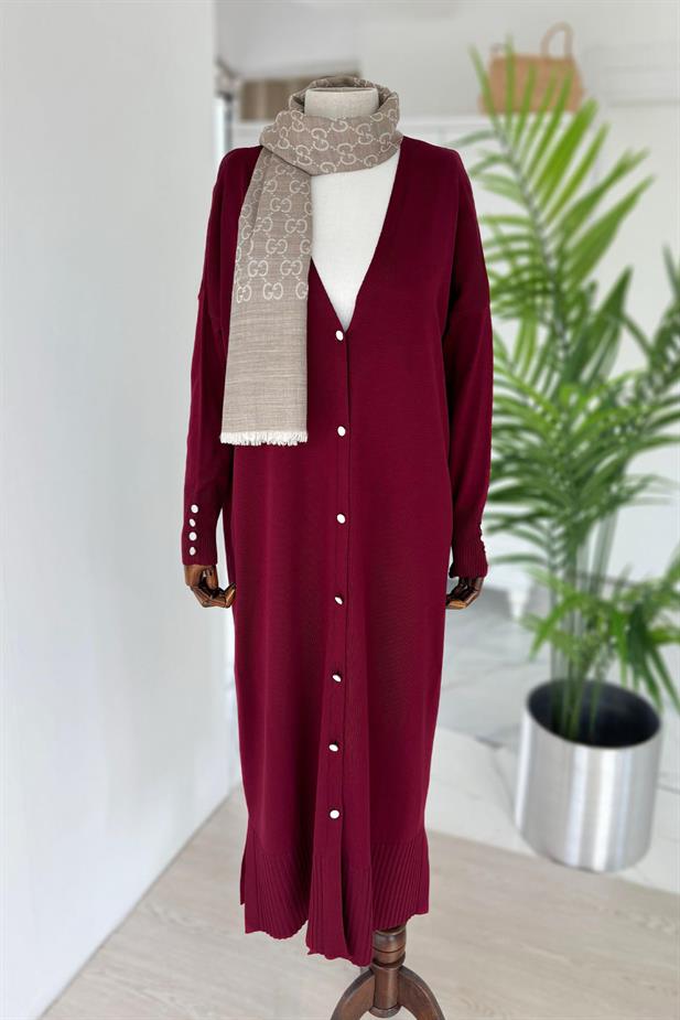 Maxi Boy Düğmeli Merserize Hırka - Bordo