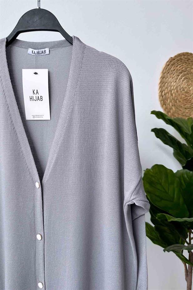 Maxi Boy Düğmeli Merserize Hırka - Gri