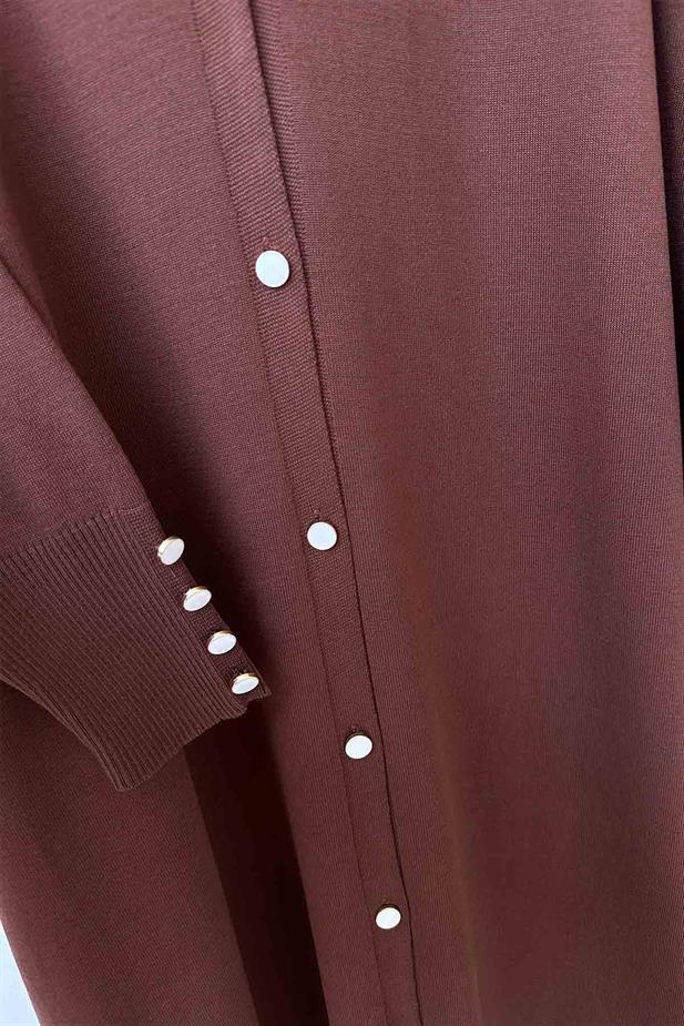 Maxi Boy Düğmeli Merserize Hırka - Kahverengi