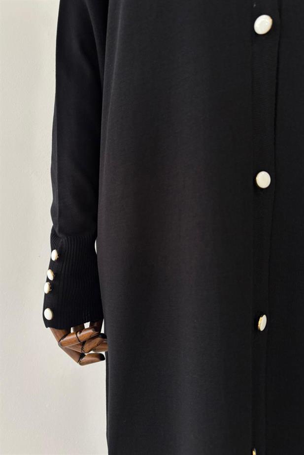 Maxi Boy Düğmeli Merserize Hırka - Siyah