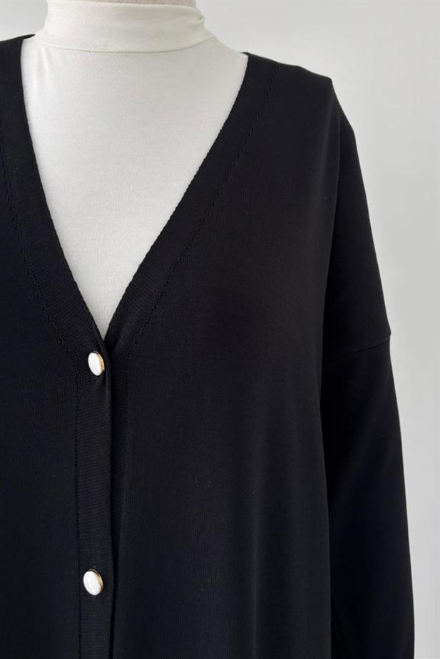 Maxi Boy Düğmeli Merserize Hırka - Siyah