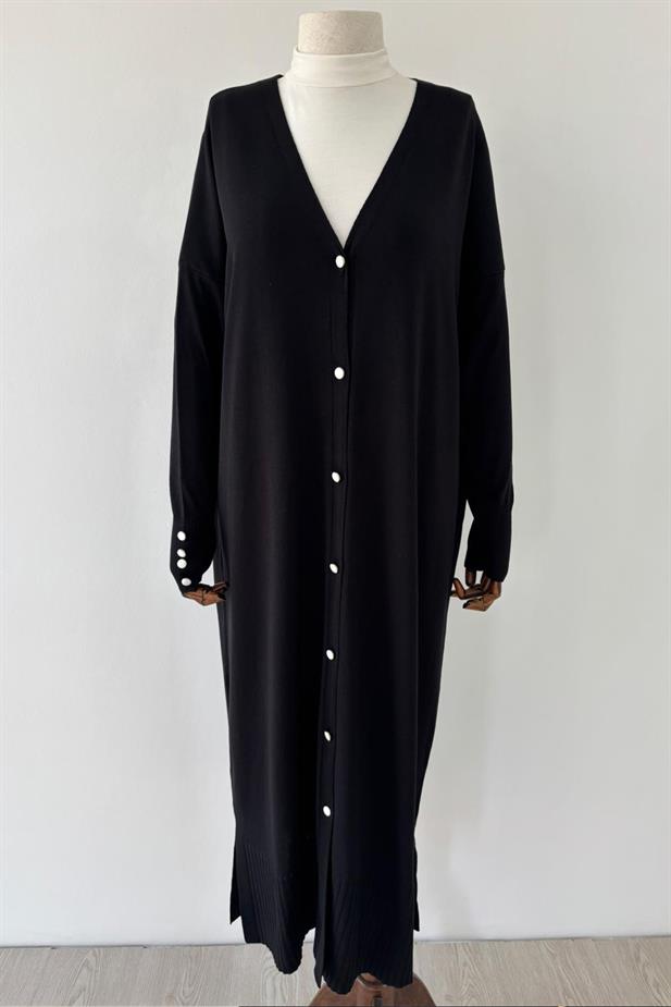 Maxi Boy Düğmeli Merserize Hırka - Siyah