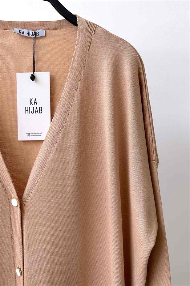 Maxi Boy Düğmeli Merserize Hırka - Sütlü Kahve