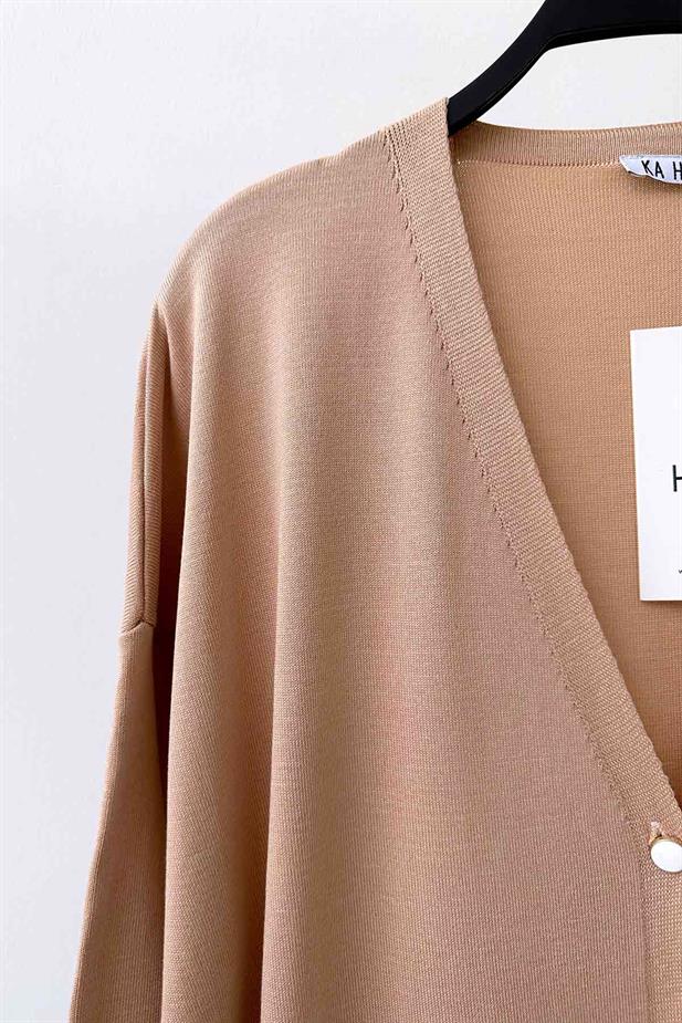 Maxi Boy Düğmeli Merserize Hırka - Sütlü Kahve