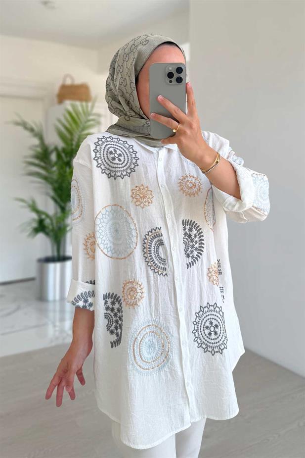 Nakış İşlemeli Etnik Desen Gömlek - Beyaz