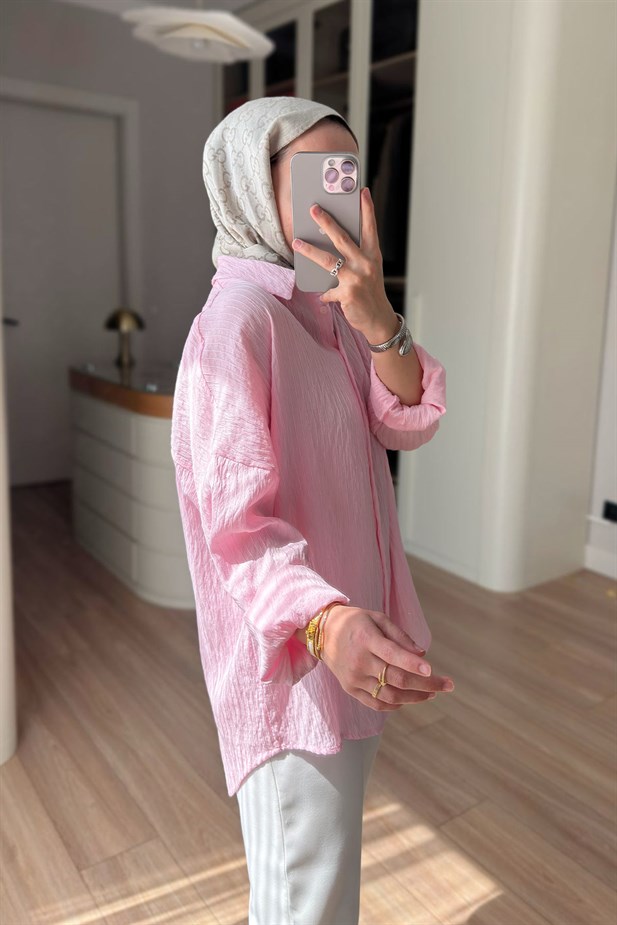 Nakışlı Pul Detay Oversize Gömlek - Pembe