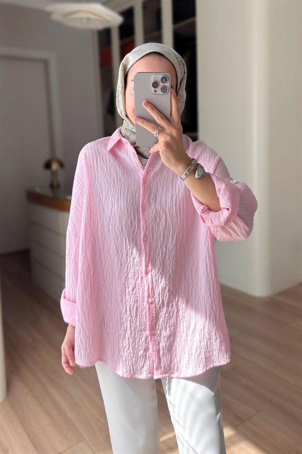 Nakışlı Pul Detay Oversize Gömlek - Pembe