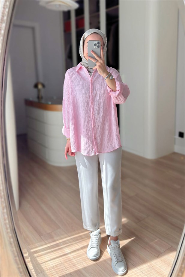 Nakışlı Pul Detay Oversize Gömlek - Pembe