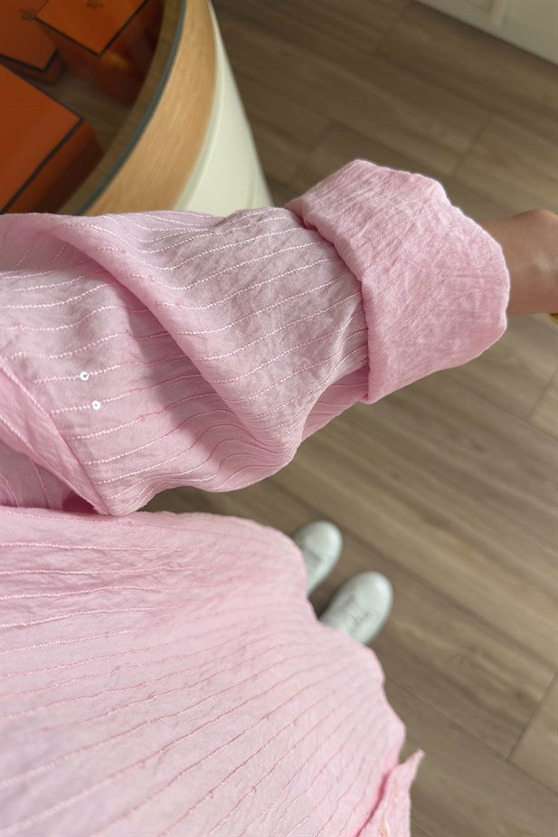 Nakışlı Pul Detay Oversize Gömlek - Pembe