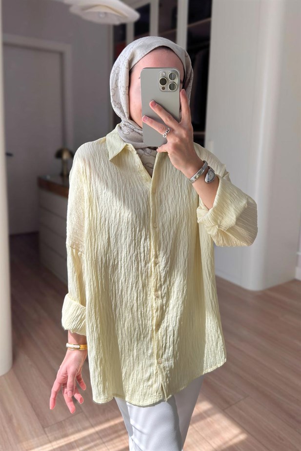 Nakışlı Pul Detay Oversize Gömlek - Sarı