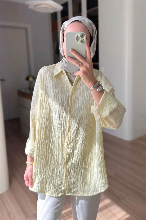 Nakışlı Pul Detay Oversize Gömlek - Sarı