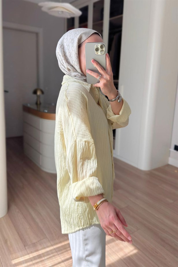 Nakışlı Pul Detay Oversize Gömlek - Sarı