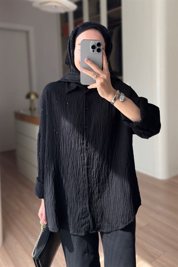 Nakışlı Pul Detay Oversize Gömlek - Siyah
